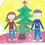 Eine Zeichnung von einer Frau und einem Mann vor einem Weihnachtsbaum. Die beiden tragen Weihnachtspullover und haben Zuckerstangen in der Hand.