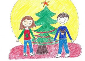 Eine Zeichnung von einer Frau und einem Mann vor einem Weihnachtsbaum. Die beiden tragen Weihnachtspullover und haben Zuckerstangen in der Hand.